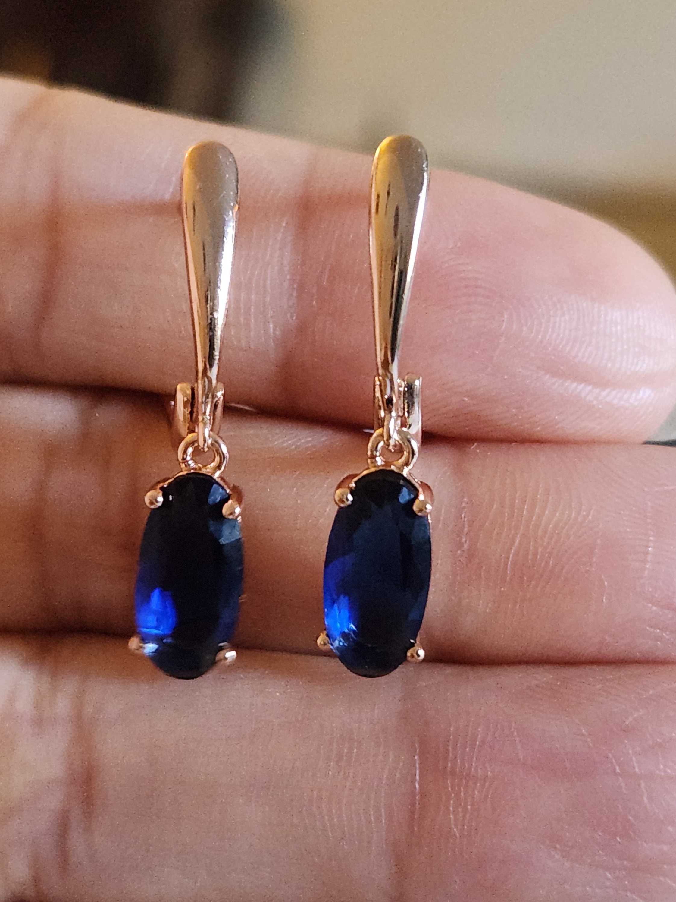 New 14k Gold Plated Oval Cut Blue Sapphire Dangle Drop Hoop Earrings For Women